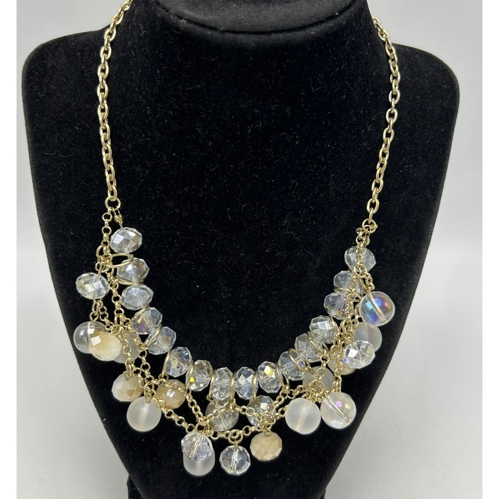 Statement Necklace Chunky Clear Frosted Glass Beads Gold Tone Easy Match Career